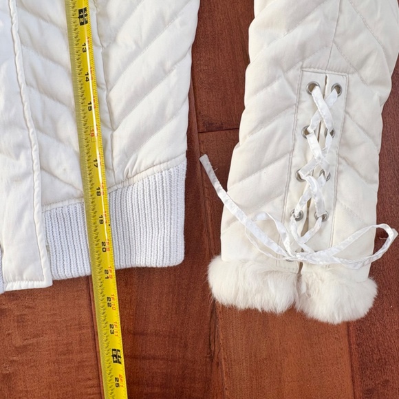 VTG BeBe Hooded Rabbit Fur Puffer Jacket w/ Corset lacing Details Womens S Ivory - Picture 8 of 16